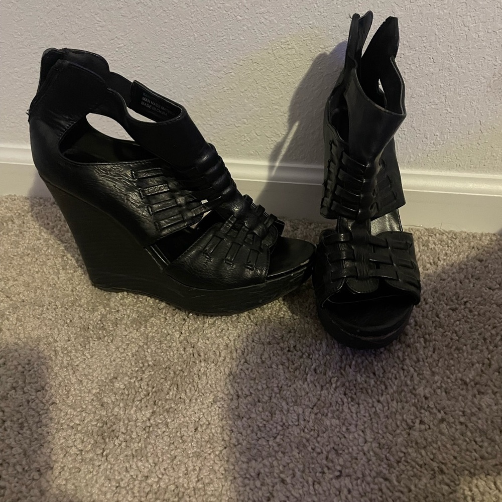 Black Woven Leather Wedge Sandals
